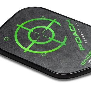 Corner view of a black pickleball paddle with a green target and POACH INFINITY EX text.