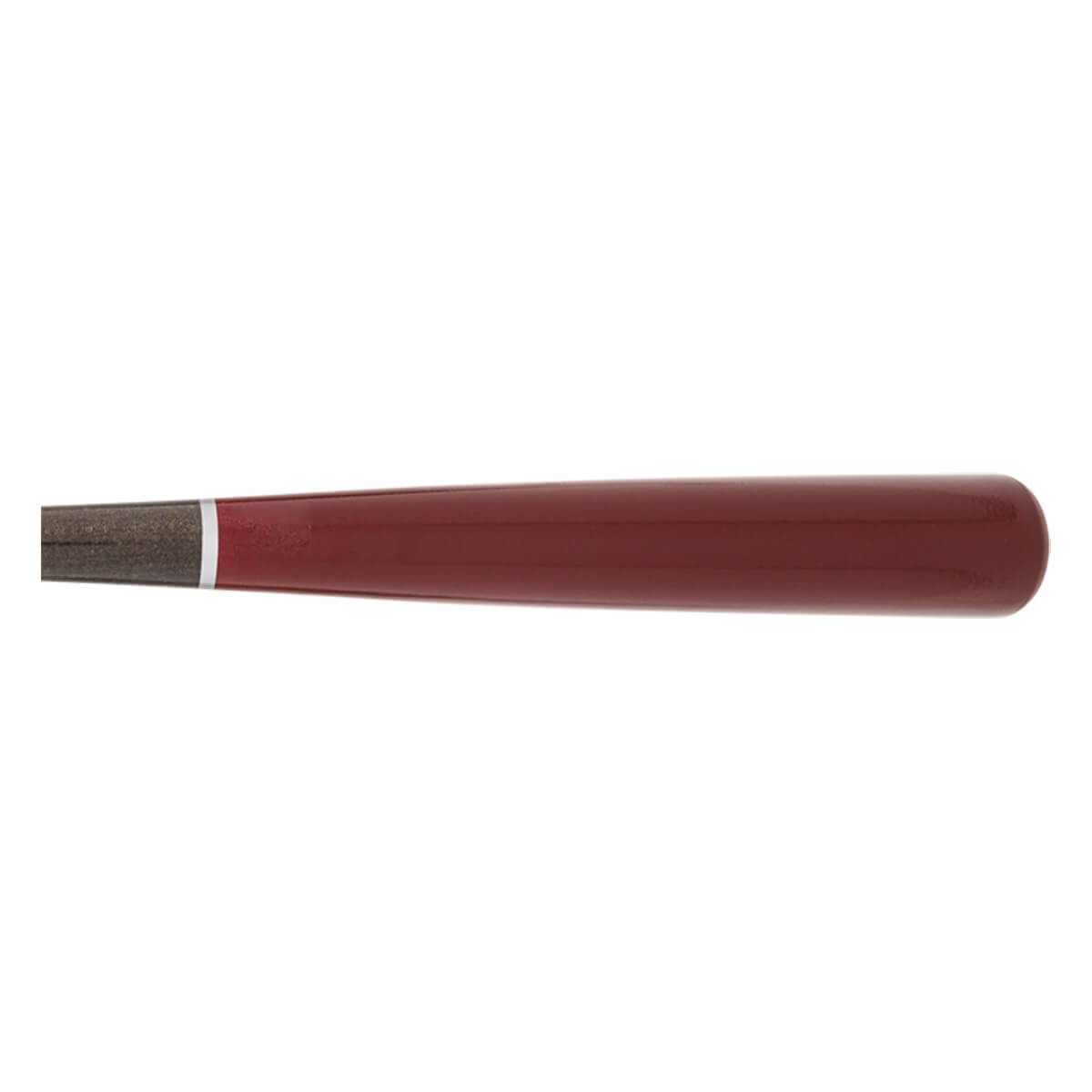 Side view of a maroon baseball bat with a gray knob and white accent ring.