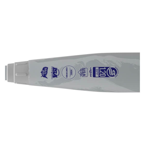 Close-up of a light gray softball bat showing multiple certification stamps and FASTPITCH ONLY text.
