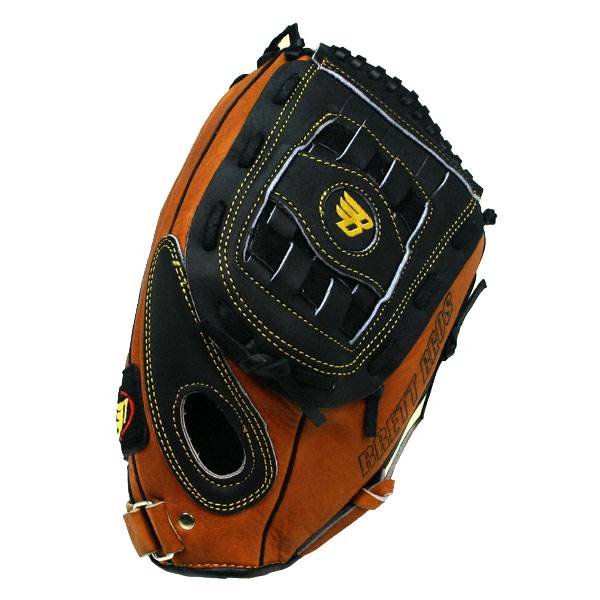 Side view of a brown and black baseball glove with yellow stitching and a yellow BB logo.