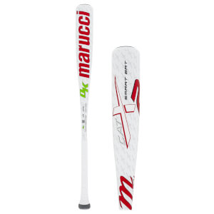 Front and close-up views of this white bat feature bold red "marucci" and "CAT X2 SMART BAT" branding along with a green DK logo on the barrel.