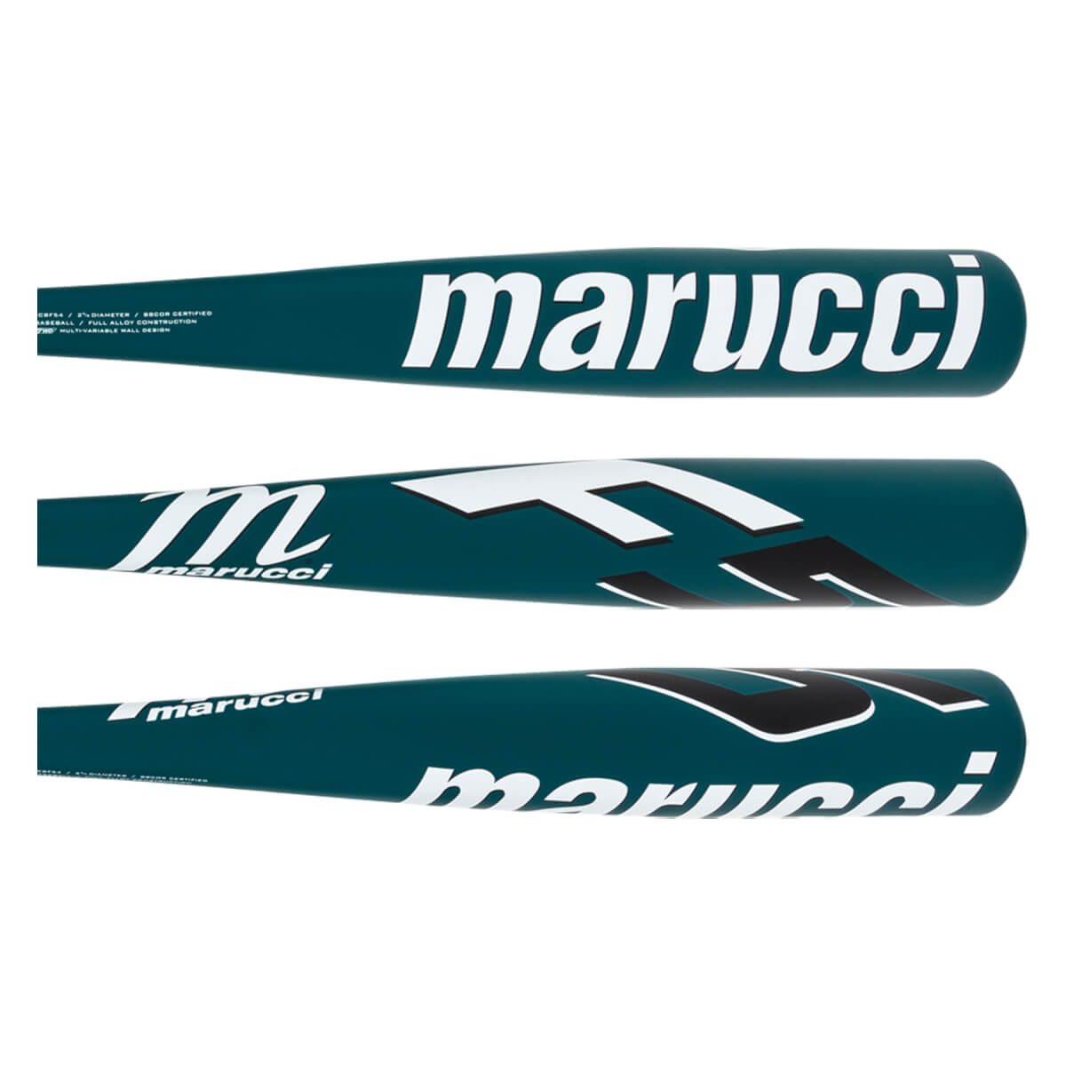 Top-down view of a teal Marucci baseball bat with white marucci text and black accents.