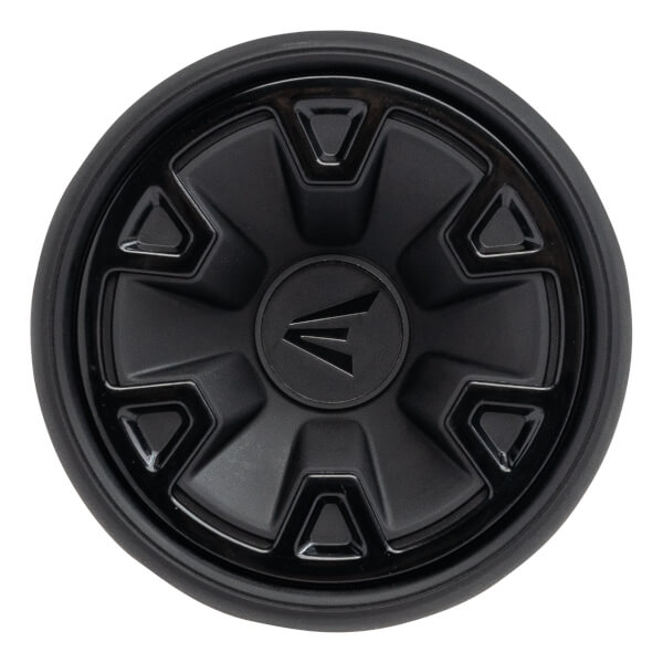 Top-down view of a black baseball bat end cap with the Easton logo and geometric patterns.