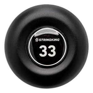 End cap view of a black baseball bat with STRINGKING and 33 visible.