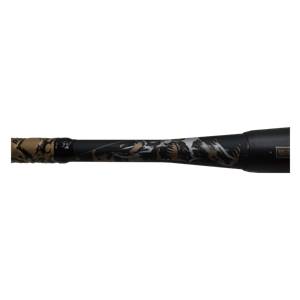 Close-up of a black baseball bat with a tan and black tribal pattern and BBCOR text.