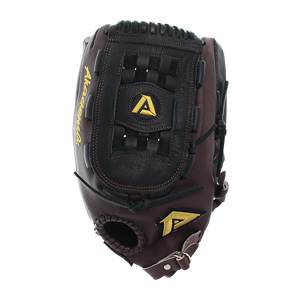 Front view of a brown baseball glove with black lacing, a yellow A logo, and Akadema text.