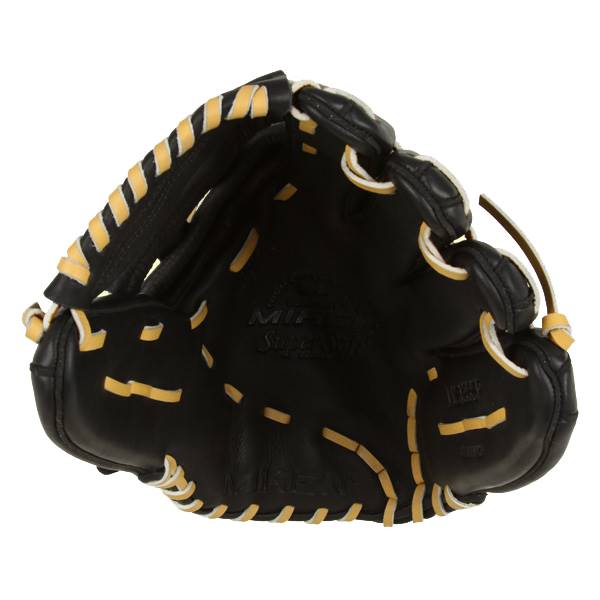 Front view of a black softball glove with yellow stitching and MIKEN Super Soft branding.