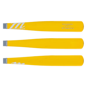 Side view of three yellow baseball bats with gray ends, Marucci logo, and signature detail.