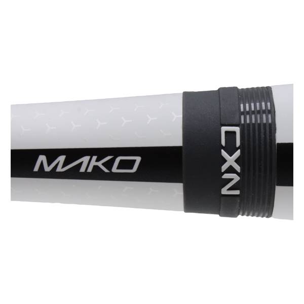 Close-up of a white baseball bat with black MAKO and CXN branding and a textured grip.