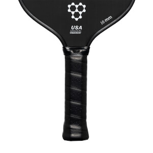 Top-down view of a black pickleball paddle with a textured grip, USA PICKLEBALL APPROVED text, and 16 mm marking.