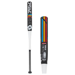 Side view of a black and white DeMarini Steel bat with colorful stripes and STEEL text.