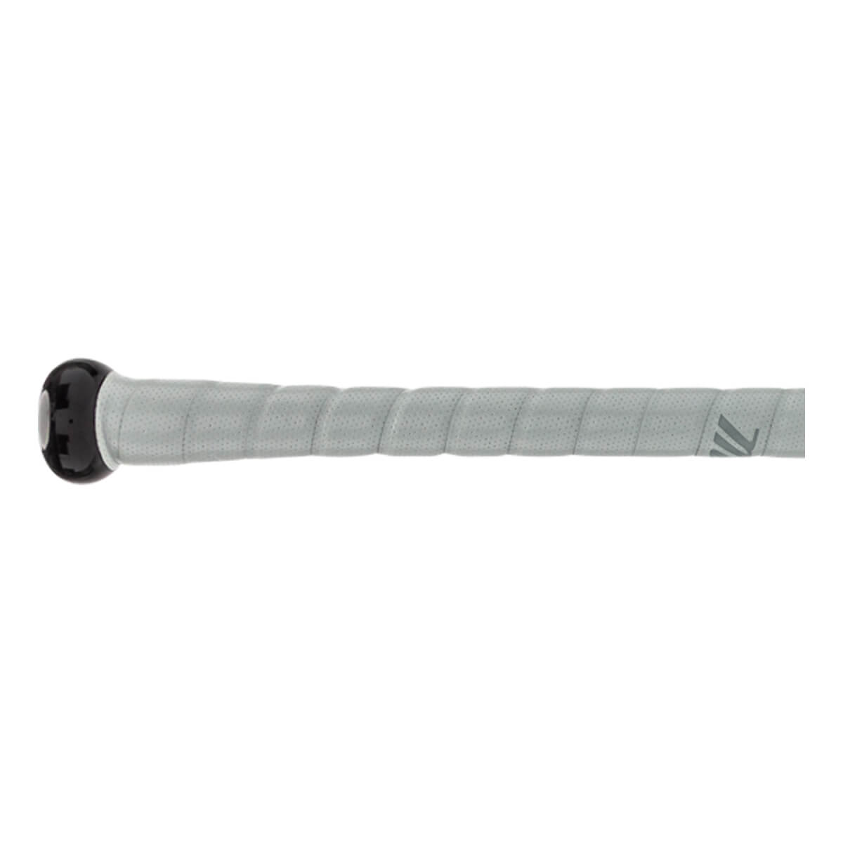 Side view of a black baseball bat with a grey textured grip and Marucci logo.