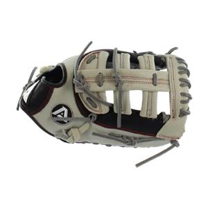 Side view of a cream and black baseball glove with red stitching and an A logo.