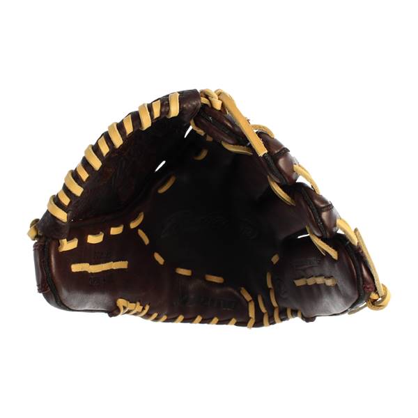Top-down view of a brown softball glove with tan lacing and a deep pocket.