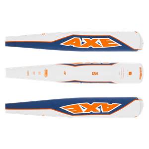 Top-down view of a white baseball bat with orange and blue AXE branding and GS4 text.