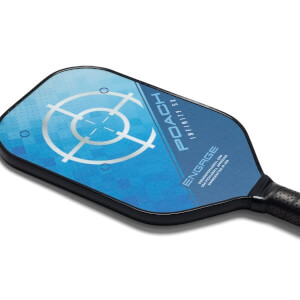 Top-down view of a blue pickleball paddle with a target design, POACH INFINITY SX text, and ENGAGE logo.