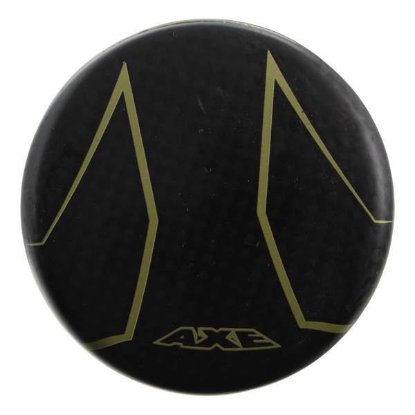 End view of a black baseball bat with gold geometric lines and AXE branding.
