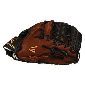 Side view of a brown baseball glove with black lacing and yellow stitching.
