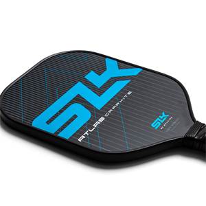 Top-down view of a black pickleball paddle with blue SLK logo and ATLAS GRAPHITE text.