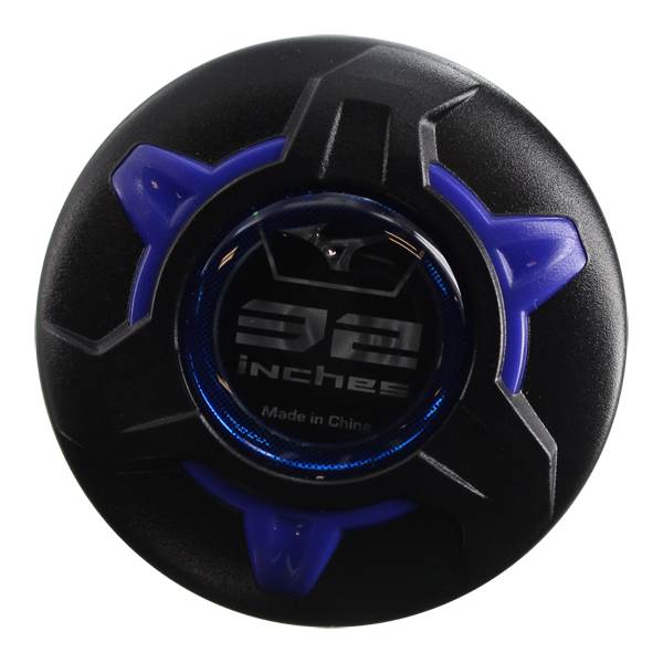 End view of a black baseball bat with blue accents and 32 inches and Made in China text.