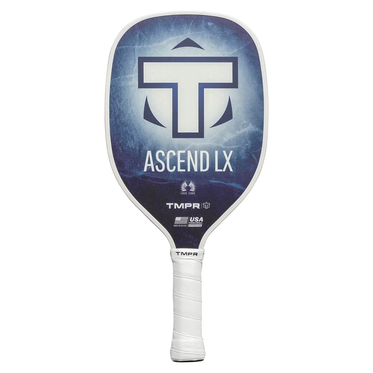 Front view of a blue and white pickleball paddle with a large T logo, ASCEND LX text, and a white grip.