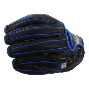 Side view of a black baseball glove with blue lacing and an MLB logo.