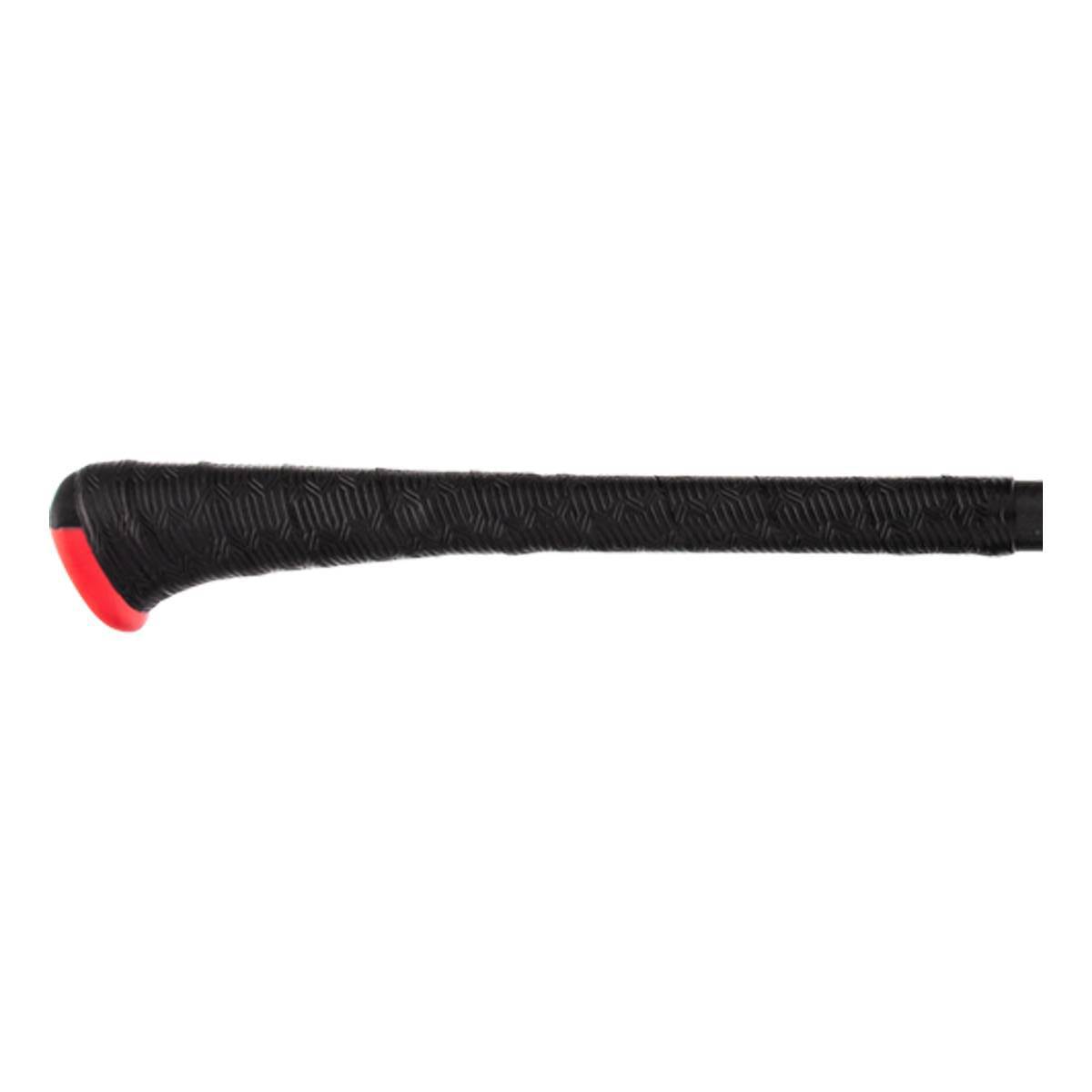 Side view of a black baseball bat with a red end cap and textured grip.
