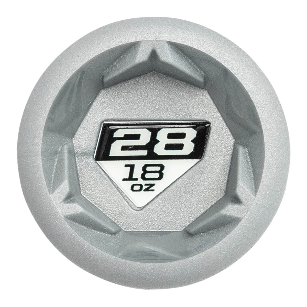 Top-down view of a silver baseball bat end cap with a black and white emblem showing 28 and 18 OZ.