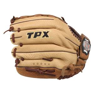 Side view of a tan baseball glove with TPX logo and five stars.