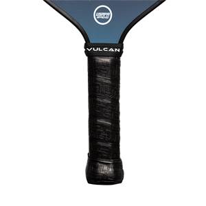 Close-up of a black pickleball paddle grip with VULCAN branding and a USAPA Approved logo.