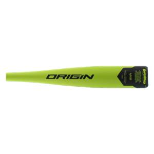 Top-down view of a neon yellow baseball bat with ORIGIN and HYPERWHIP text.