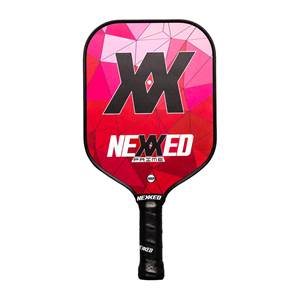 Front view of a pink and red pickleball paddle with a geometric design, NEXXED logo, and textured black grip.