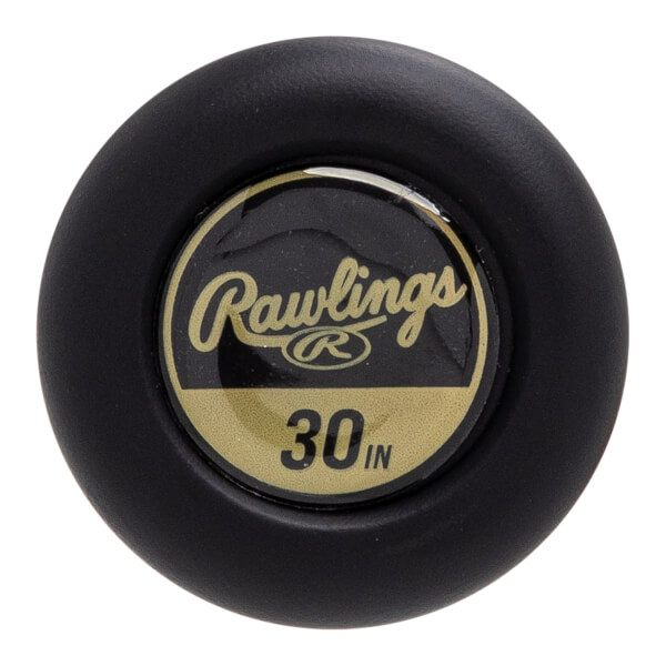 Top-down view of a black baseball bat end cap with Rawlings logo and 30 IN text.