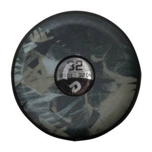 Top-down view of a camouflage baseball bat with a circular end cap showing 32 and 28 OZ 32 IN.