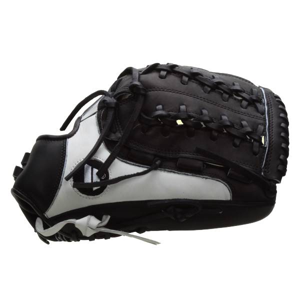 Side view of a black and white softball glove with braided lacing and a white wrist strap.