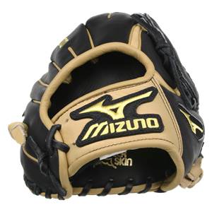 Front view of a black and tan baseball glove with yellow Mizuno branding and SKIN text.