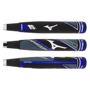 Top-down view of three black baseball bats with blue and gray accents, featuring Mizuno branding and MAXCOR HOT METAL text.