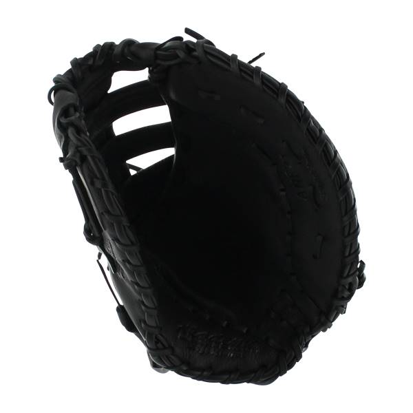 Interior view of a black first base mitt with a deep pocket and braided lacing.