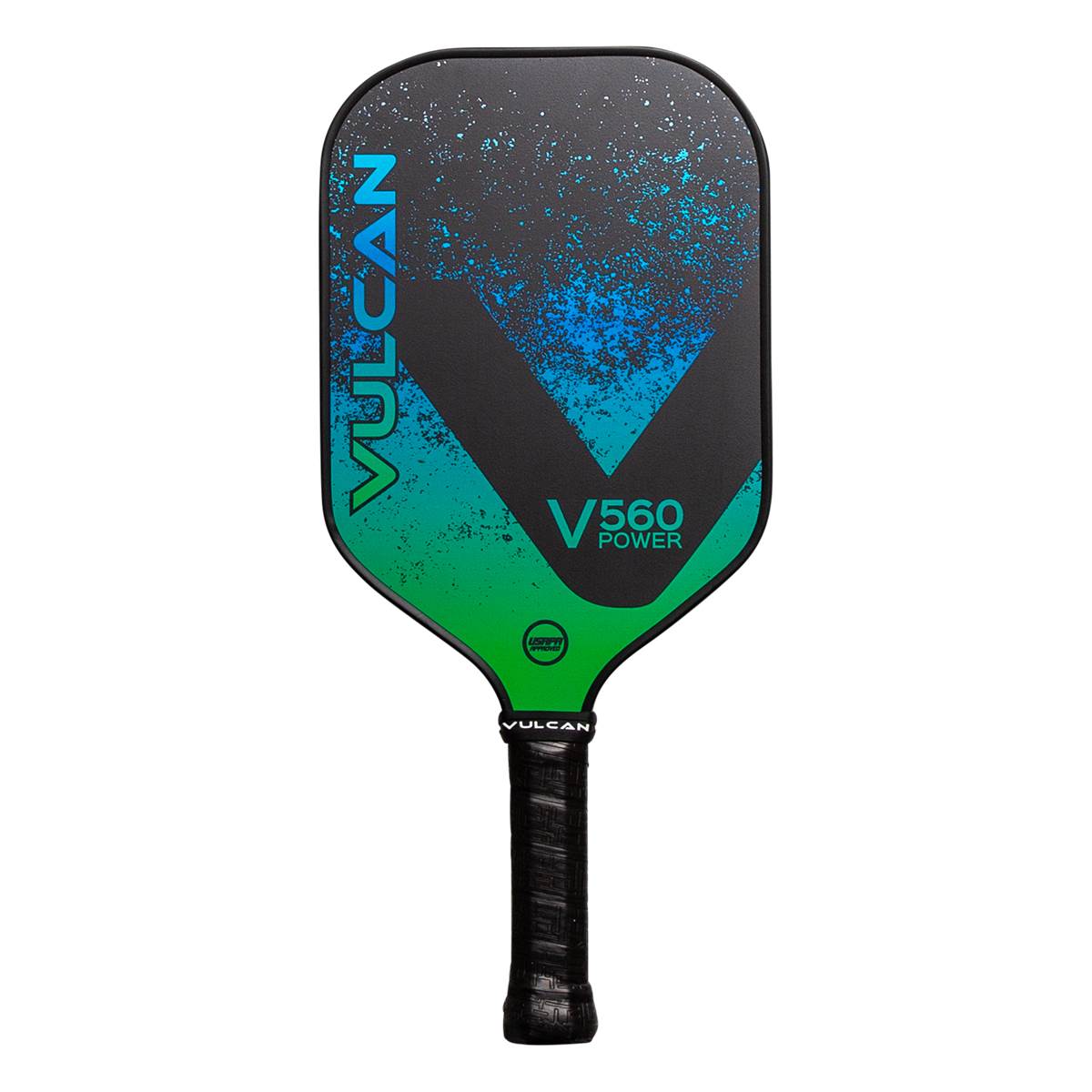 Front view of a black pickleball paddle with green and blue splatter design, V560 Power text, and Vulcan branding.