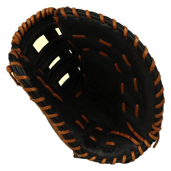 Interior view of a black softball mitt with tan lacing and finger stalls.