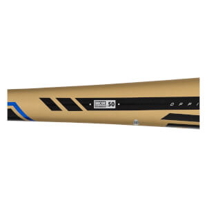 Side view of a gold baseball bat with black accents and BBCOR CERTIFIED .50 marking.