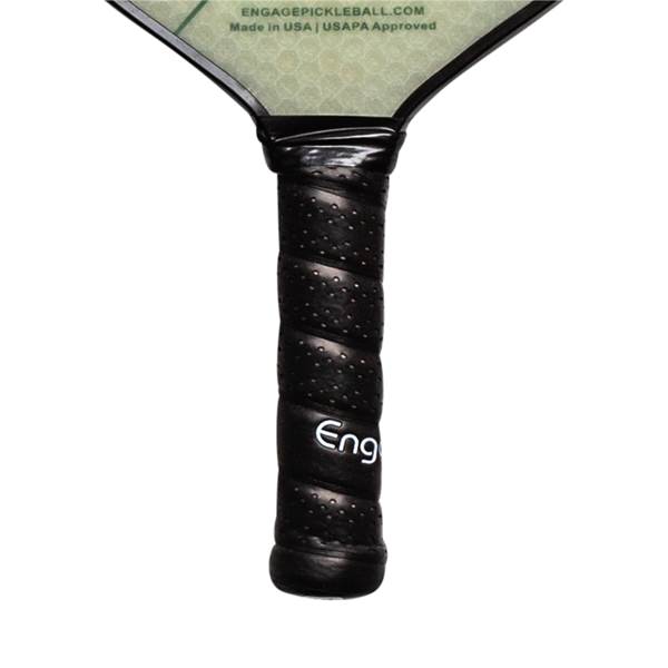 Close-up of a black pickleball paddle grip with a textured surface and Eng logo.