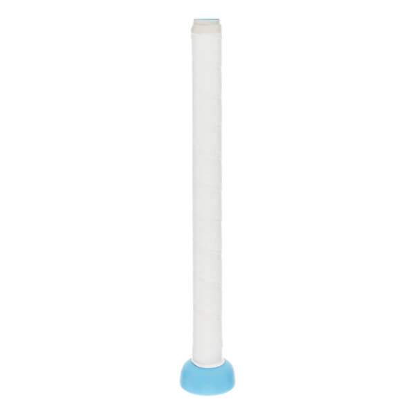 Upright view of a white fastpitch softball bat with a textured white grip, light blue end cap, and light blue top band.