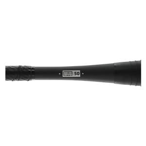 Close-up of a black baseball bat with BBCOR CERTIFIED 50 text and a textured grip.