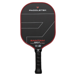 Front view of a black pickleball paddle with a red edge guard, PADDLETEK BANTAM ALW-C text, and white geometric lines.