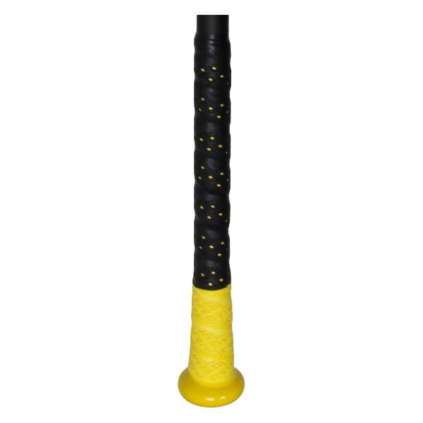 Close-up of a black baseball bat grip with yellow dots and a yellow knob.
