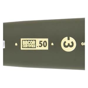 Close-up of a dark green baseball bat with BBCOR CERTIFIED .50 and a circular logo.