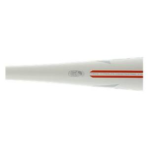 Side view of a white baseball bat with red stripes and ONE PIECE HYPERLITE CONSTRUCTION text.
