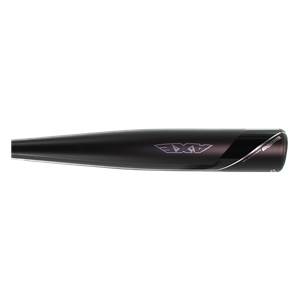 Side view of a black baseball bat with a silver AXE logo and HYPERWHIP text.