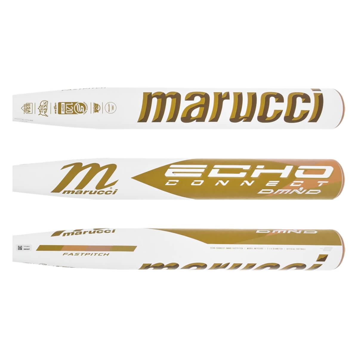 Three views of a white Marucci Echo Connect DMND -8 fastpitch softball bat with gold lettering.